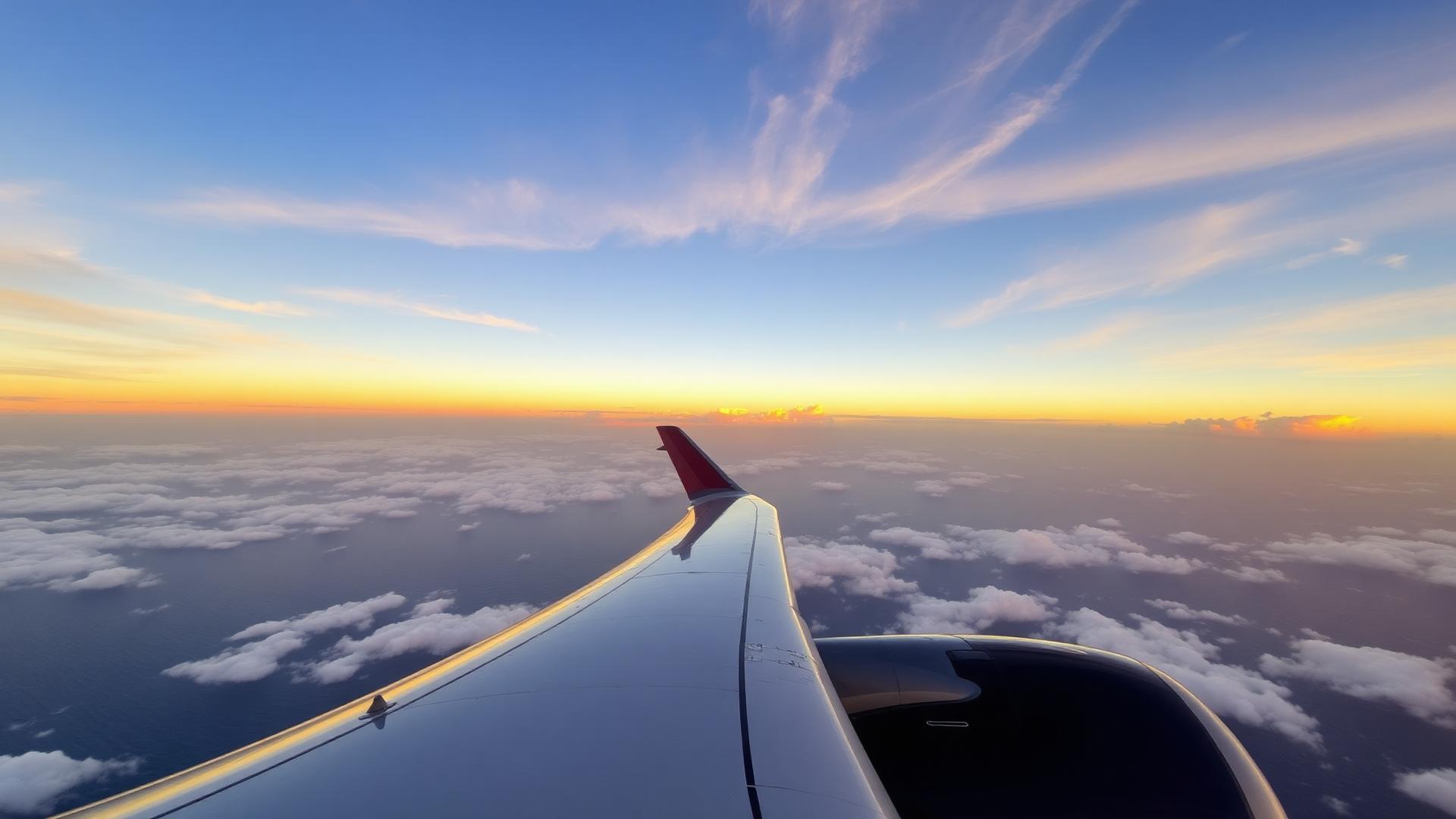 Vista da asa do avião ao pôr do sol